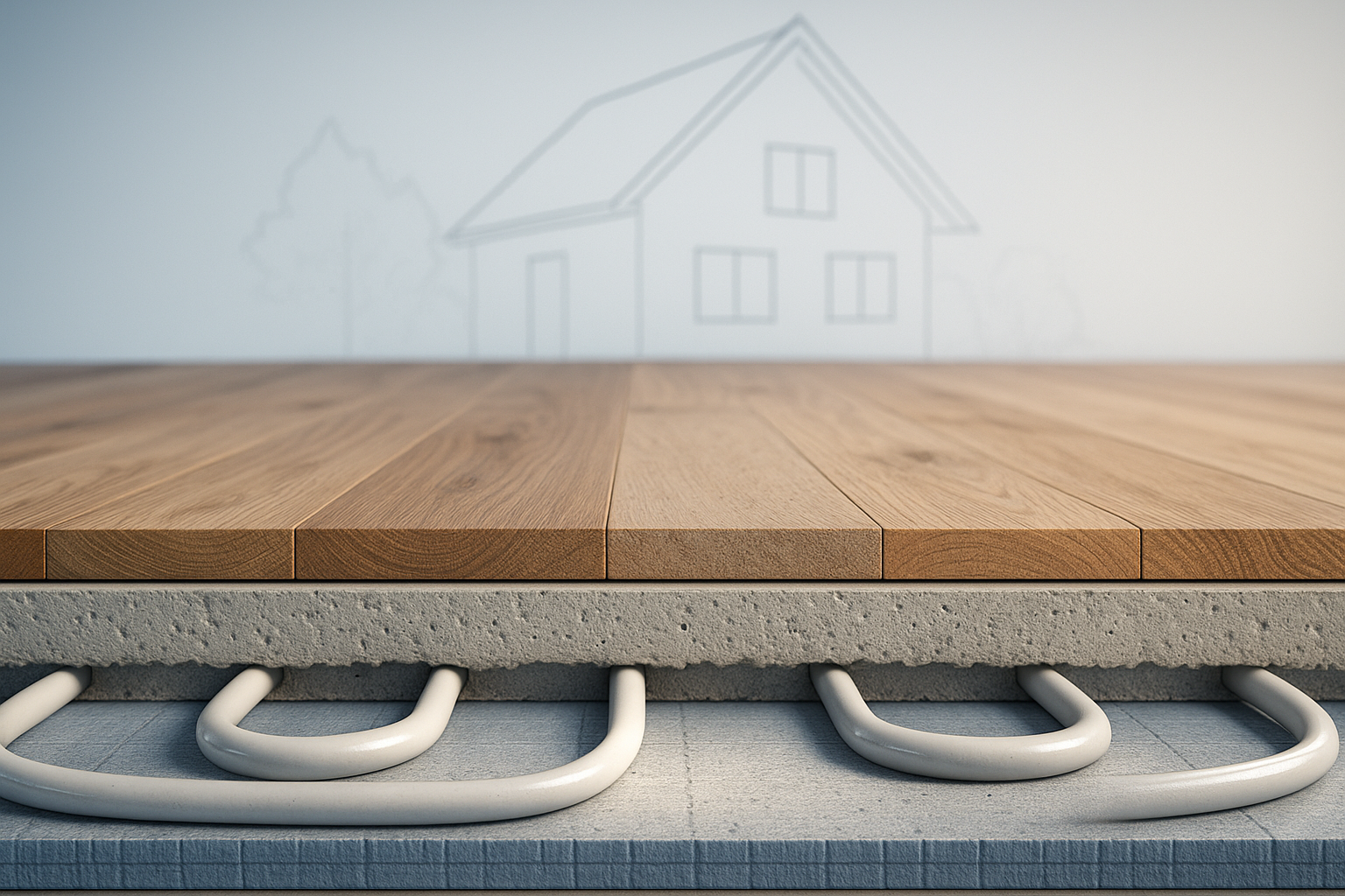 Schemat ogrzewania podłogowego z rurami zatopionymi w posadzce nowoczesnego domu