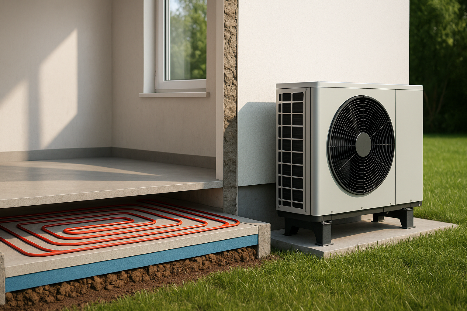 Przekrój domu z ogrzewaniem podłogowym i pompą ciepła na zewnątrz