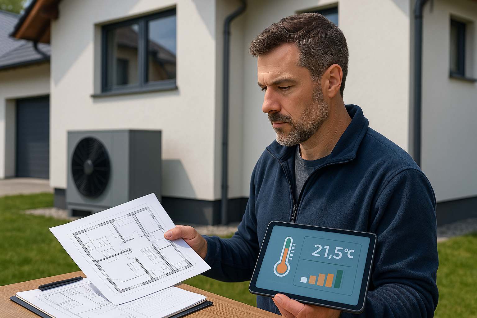 Inwestor analizujący dobór pompy ciepła do domu jednorodzinnego przy projekcie instalacji grzewczej