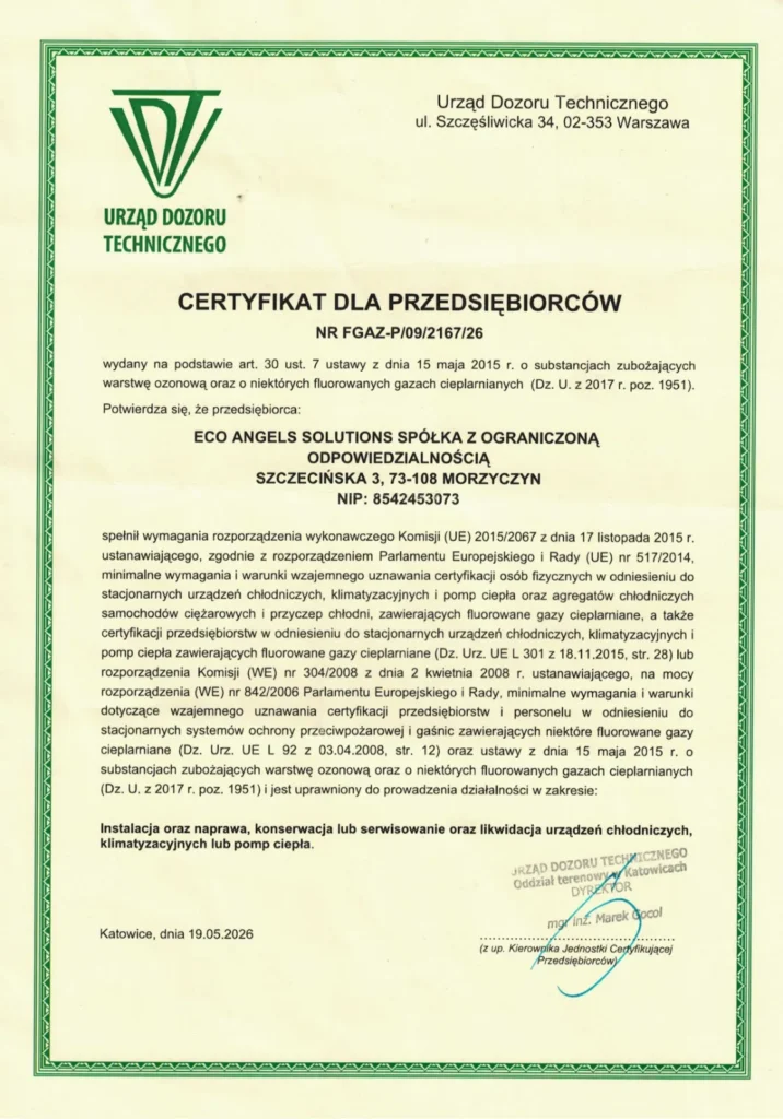Certyfikat F Gaz nr FGAZ P09216726 Eco Angels Solutions